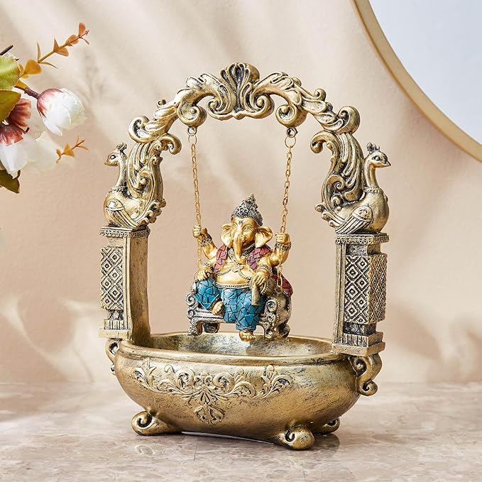 Luxurious Ganesha On Swing Resin Crafted Figurine Fortunate Home Decoration 1 Ganesha on Swing Resin Idol - Auspicious - Karigaari India Aesthetic Home Decor