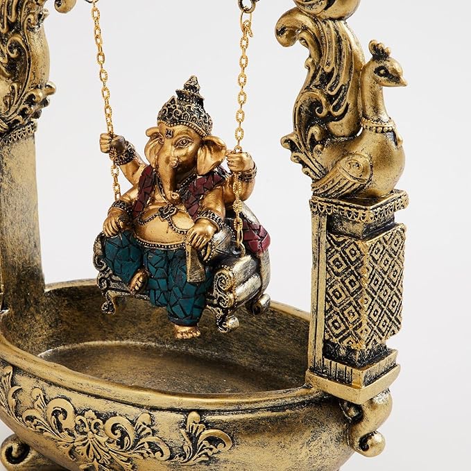 Luxurious Ganesha On Swing Resin Crafted Figurine Fortunate Home Decoration 3 Ganesha on Swing Resin Idol - Auspicious - Karigaari India Aesthetic Home Decor