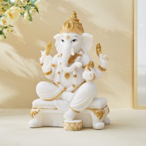 Elegant White & Gold Ganesh Idol Premium Resin Decorative Statue for Home, Office & Auspicious Gifting - Karigaari India Aesthetic Home Decor