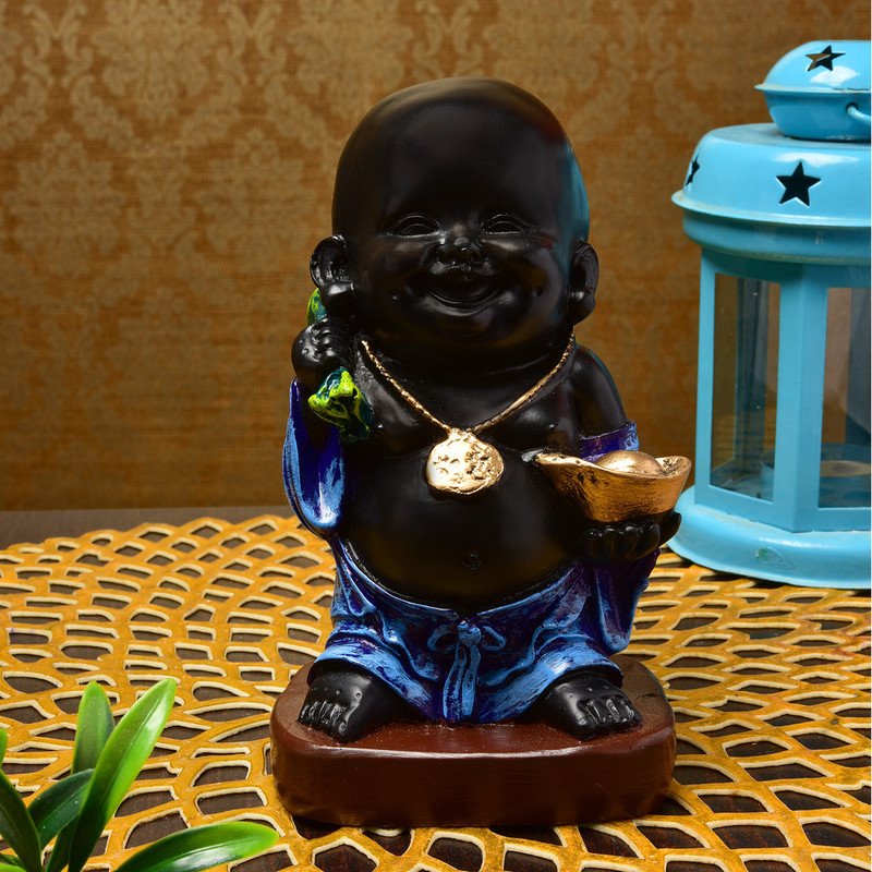 Luxurious Handmade Ployresin Lord Buddha Laughing Figurine Display Piece Home Decor Office Home Decor Spiritual Gift Blue And Black Colour Home Decoration 2 Handcrafted Ployresin Lord Buddha Laughing Statue Showpiece Home Decor/Office Decor/Spiritual Gift, Blue And Black Colour - Karigaari India Aesthetic Home Decor