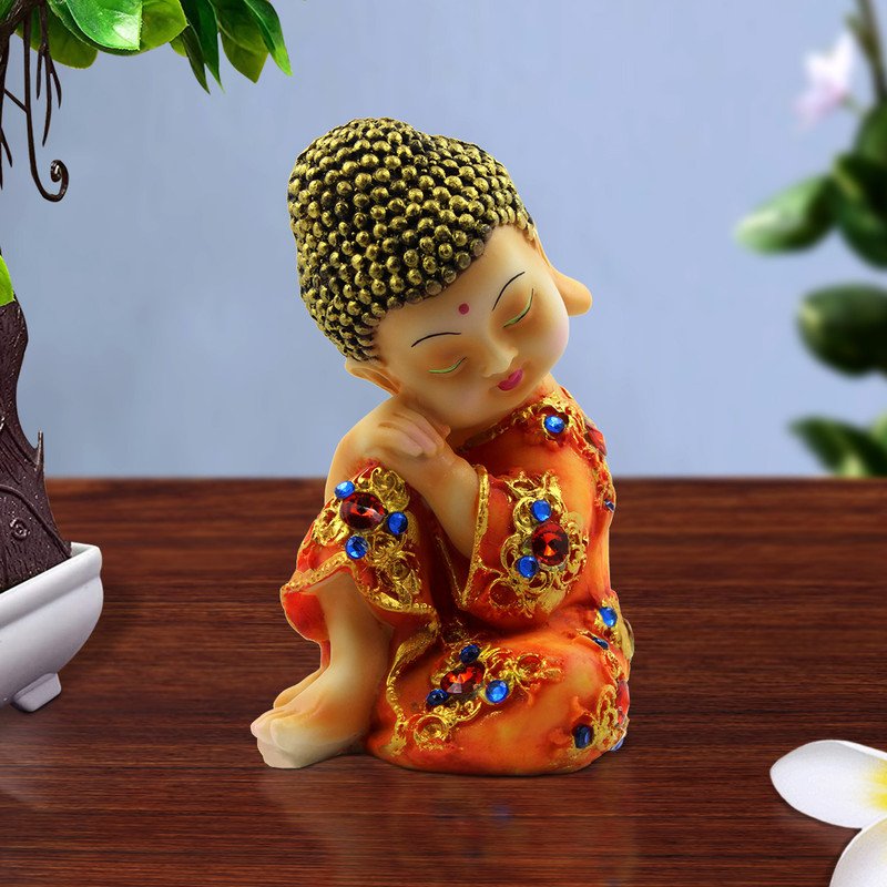 Luxurious Handmade Ployresin Lord Buddha Sitting And Sleeping Orange Colour Figure Centerpiece Home Home Decor Office Decoration Spiritual Gift Luxurious Accent 1 Handcrafted Ployresin Lord Buddha Sitting And Sleeping Orange Colour Statue Showpiece Home Decor/Office Decor/Spiritual Gift - Karigaari India Aesthetic Home Decor