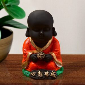 Handcrafted Ployresin Lord Buddha Sitting Statue  Showpiece Home Decor/Office Decor/Spiritual Gift, Orange Colour With Goden Border - Karigaari India Aesthetic Home Decor