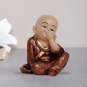 Handcrafted Ployresin Lord Buddha Sitting With Putting Hand On Mouth Statue Showpiece Home Decor/Office Decor/Spiritual Gift, Shiny Brown - Karigaari India Aesthetic Home Decor