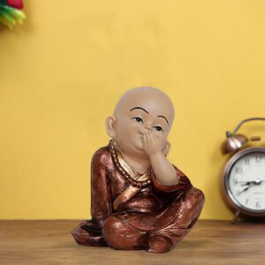 Handcrafted Ployresin Lord Buddha Sitting With Putting Hand On Mouth Statue Showpiece Home Decor/Office Decor/Spiritual Gift, Shiny Brown - Karigaari India Aesthetic Home Decor