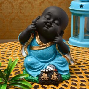 Handcrafted Ployresin Sitting With Putting Fingers On Chicks Lord Buddha Statue Showpiece Home Decor/Office Decor/Spiritual Gift, Sky Blue Colour - Karigaari India Aesthetic Home Decor