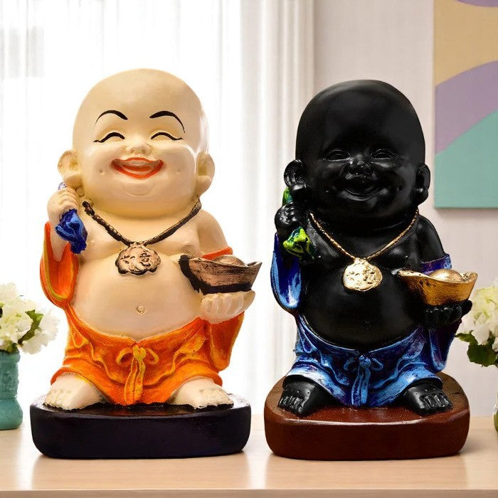 Luxurious Handmade Ployresin Two Multicolour Standing Laughing Lord Buddha Figurine Display Piece Home Decor Office Home Decor Spiritual Gift Home Decoration 3 Handcrafted Ployresin Two Multicolour Standing Laughing Lord Buddha Statue Showpiece Home Decor/Office Decor/Spiritual Gift - Karigaari India Aesthetic Home Decor
