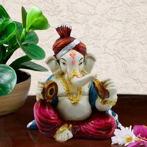 Luxurious Lord Ganesha Playing Instrument Multicolor Figurine For Home Home Decor Home Decor Accent 1 Lord Ganesha Playing Instrument Multicolor Idol for Home Decor - Karigaari India Aesthetic Home Decor