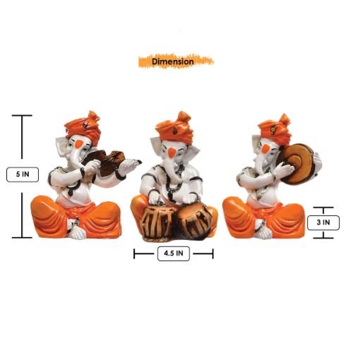 Three Lord Ganesha Idol Playing Instruments Best & Unique Design Orange Color for Home Decor - Karigaari India Aesthetic Home Decor