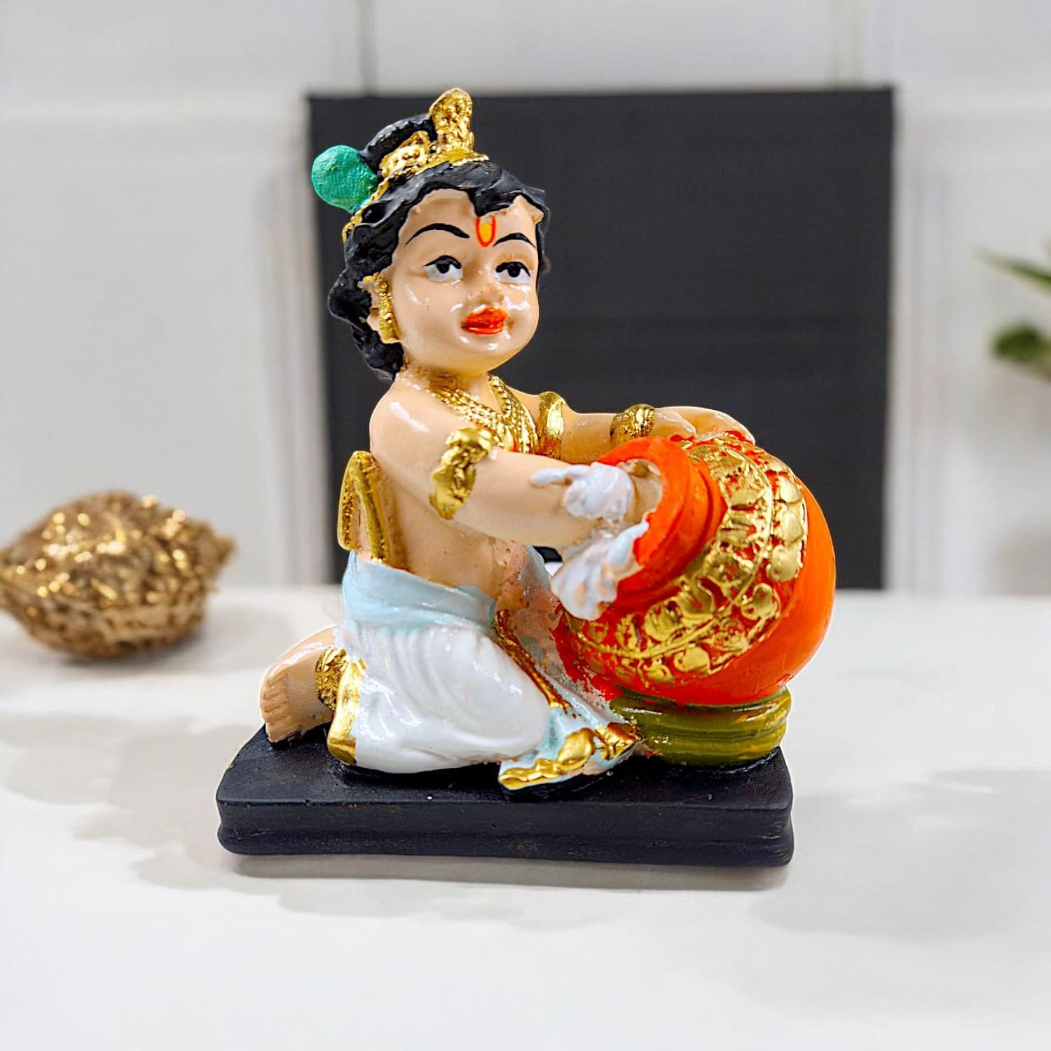 Modern Cute Bal Krishna Eating Makhan Figurine Colorful Resin Crafted Laddu Gopal Figure For Joy Prosperity Spiritual Gifting Unique Decor Piece 1