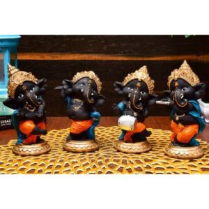 Unique Design Four Little Lord Ganesha Playing Instruments Idol Black Best Item for Home Decor - Karigaari India Aesthetic Home Decor