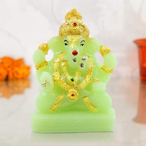 Unique Design Small Lord Ganesha Sitting Idol Green Color With Golden Ornaments Best for Home Decor - Karigaari India Aesthetic Home Decor