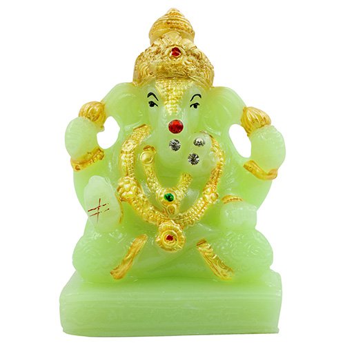 Unique Design Small Lord Ganesha Sitting Idol Green Color With Golden Ornaments Best for Home Decor - Karigaari India Aesthetic Home Decor