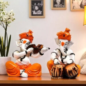 Unique Design Two Little Lord Ganesha Playing Instruments Idol Orange Best Item for Home Decor - Karigaari India Aesthetic Home Decor