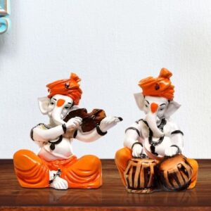 Unique Design Two Little Lord Ganesha Playing Instruments Idol Orange Best Item for Home Decor - Karigaari India Aesthetic Home Decor