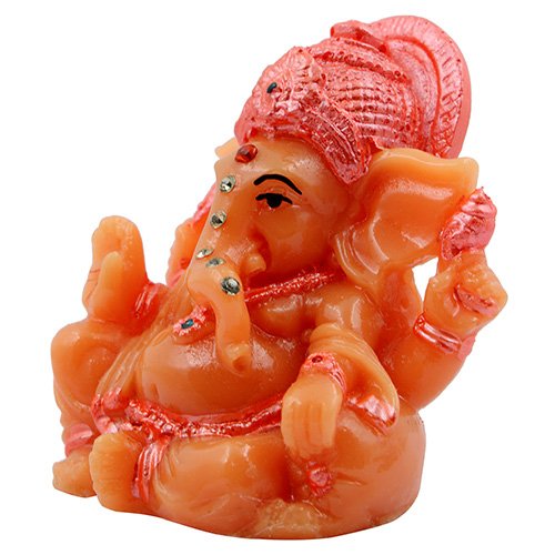 Unique Small Lord Ganesha Sitting With One Leg Up Idol Orange Color And Pink Ornaments Best for Home Decor - Karigaari India Aesthetic Home Decor