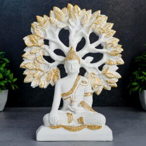 Enlightened White Buddha Idol Golden Bodhi Tree Decor - Karigaari India Aesthetic Home Decor