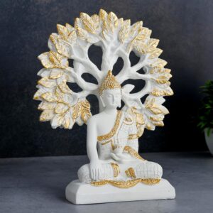 Enlightened White Buddha Idol Golden Bodhi Tree Decor - Karigaari India Aesthetic Home Decor