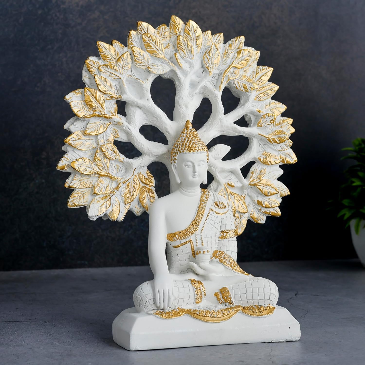 Modern Enlightened White Buddha Statue Golden Bodhi Tree Home Decor Unique Decor Piece 2 Enlightened White Buddha Idol Golden Bodhi Tree Decor - Karigaari India Aesthetic Home Decor
