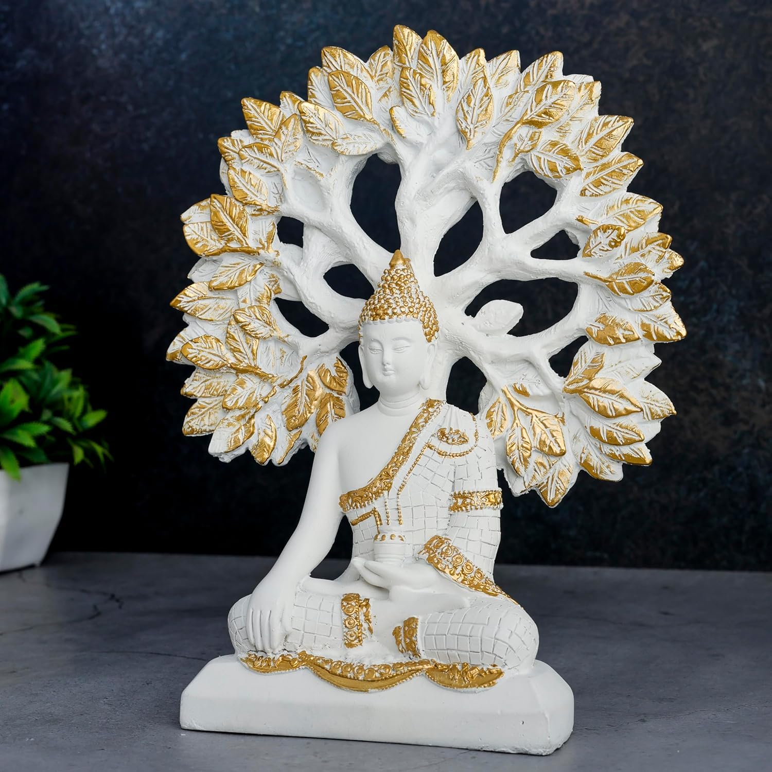 Modern Enlightened White Buddha Statue Golden Bodhi Tree Home Decor Unique Decor Piece 3 Enlightened White Buddha Idol Golden Bodhi Tree Decor - Karigaari India Aesthetic Home Decor