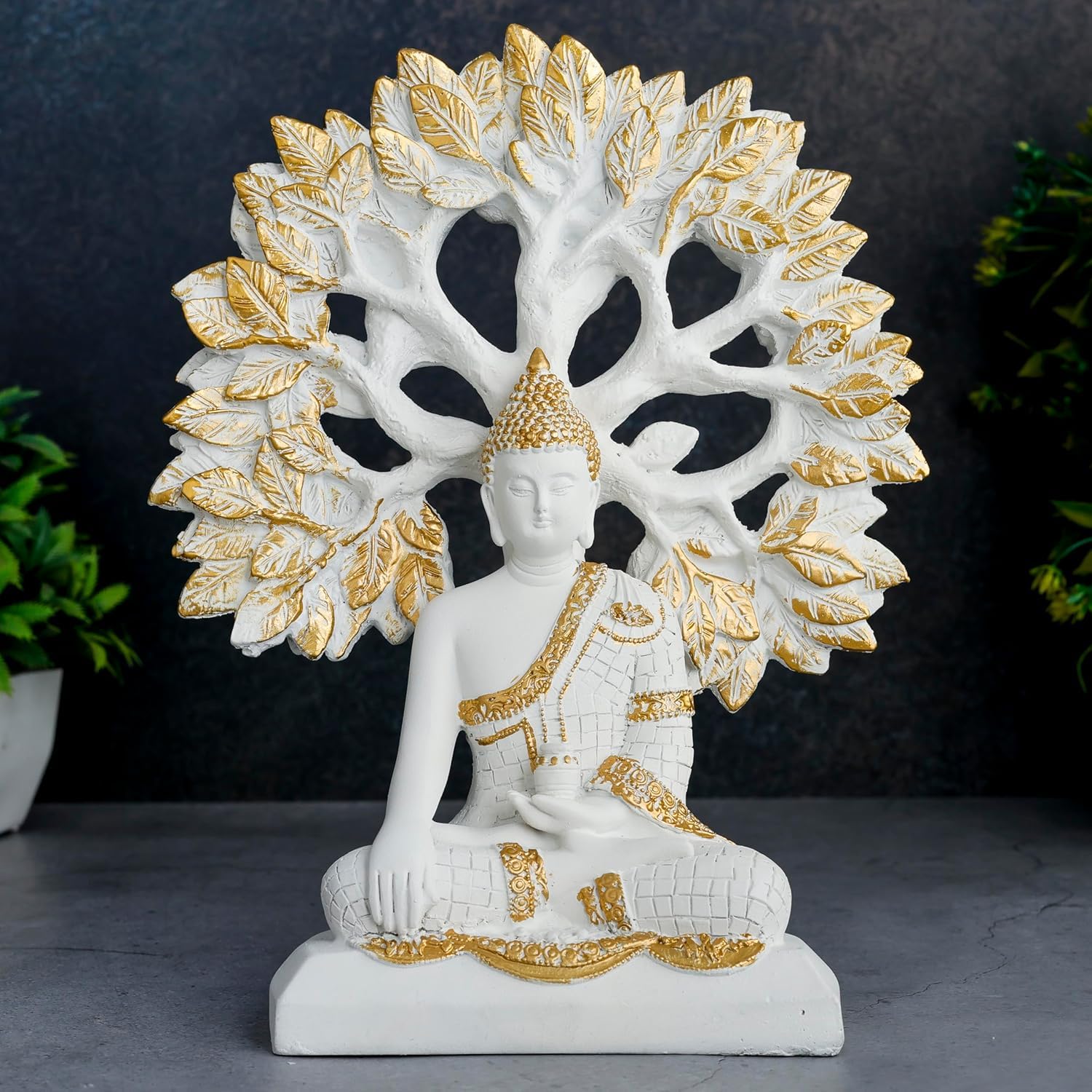 Modern Enlightened White Buddha Statue Golden Bodhi Tree Home Decor Unique Decor Piece 4 Enlightened White Buddha Idol Golden Bodhi Tree Decor - Karigaari India Aesthetic Home Decor