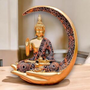 Golden Moon Buddha Meditating Resin Statue - Karigaari India Aesthetic Home Decor