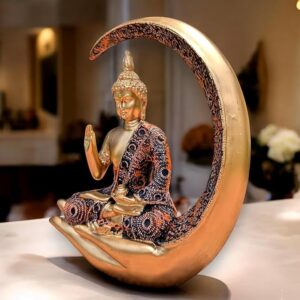 Golden Moon Buddha Meditating Resin Statue - Karigaari India Aesthetic Home Decor