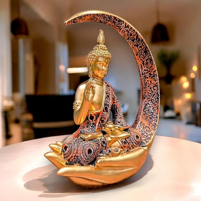 Modern Golden Moon Buddha Meditating Resin Crafted Idol Decorative Piece 3 Golden Moon Buddha Meditating Resin Statue - Karigaari India Aesthetic Home Decor