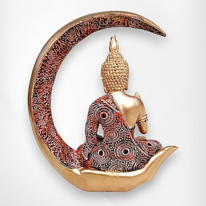 Modern Golden Moon Buddha Meditating Resin Crafted Idol Decorative Piece 5 Golden Moon Buddha Meditating Resin Statue - Karigaari India Aesthetic Home Decor