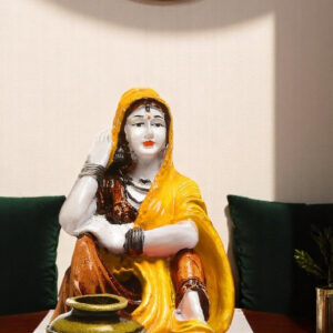 Elegant Rajasthani Village Maiden Figurine - Premium Resin Sculpture in Majestic Yellow - Traditional Indian Water Bearer Art Piece - Karigaari India Aesthetic Home Decor