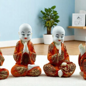 Handcrafted Ployresin Lord Buddha Four Sitting Statues Showpiece Home Decor/Office Decor/Spiritual Gift, White And Orange - Karigaari India Aesthetic Home Decor