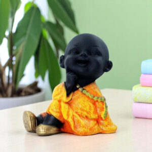 Handcrafted Ployresin Lord Buddha Sitting And Thinking Statue Showpiece Home Decor/Office Decor/Spiritual Gift, Black And Orange - Karigaari India Aesthetic Home Decor