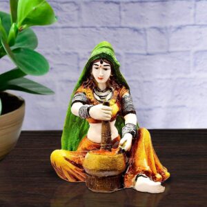 Handcrafted Rajasthani Woman Figurine Churning Butter Traditional Resin Art Sculpture for Ethnic Home Décor & Gifting - Karigaari India Aesthetic Home Decor