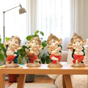 Little Four Lord Ganesha Idol Playing Instruments Best & Unique Design Multicolor for Home Decor - Karigaari India Aesthetic Home Decor