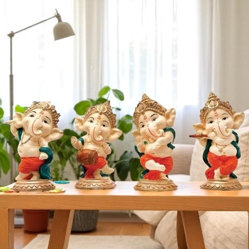 Little Four Lord Ganesha Idol Playing Instruments Best & Unique Design Multicolor for Home Decor - Karigaari India Aesthetic Home Decor