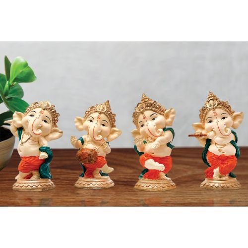 Little Four Lord Ganesha Idol Playing Instruments Best & Unique Design Multicolor for Home Decor - Karigaari India Aesthetic Home Decor