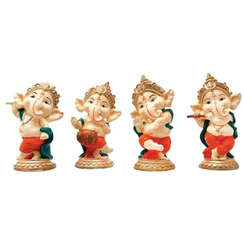 Little Four Lord Ganesha Idol Playing Instruments Best & Unique Design Multicolor for Home Decor - Karigaari India Aesthetic Home Decor