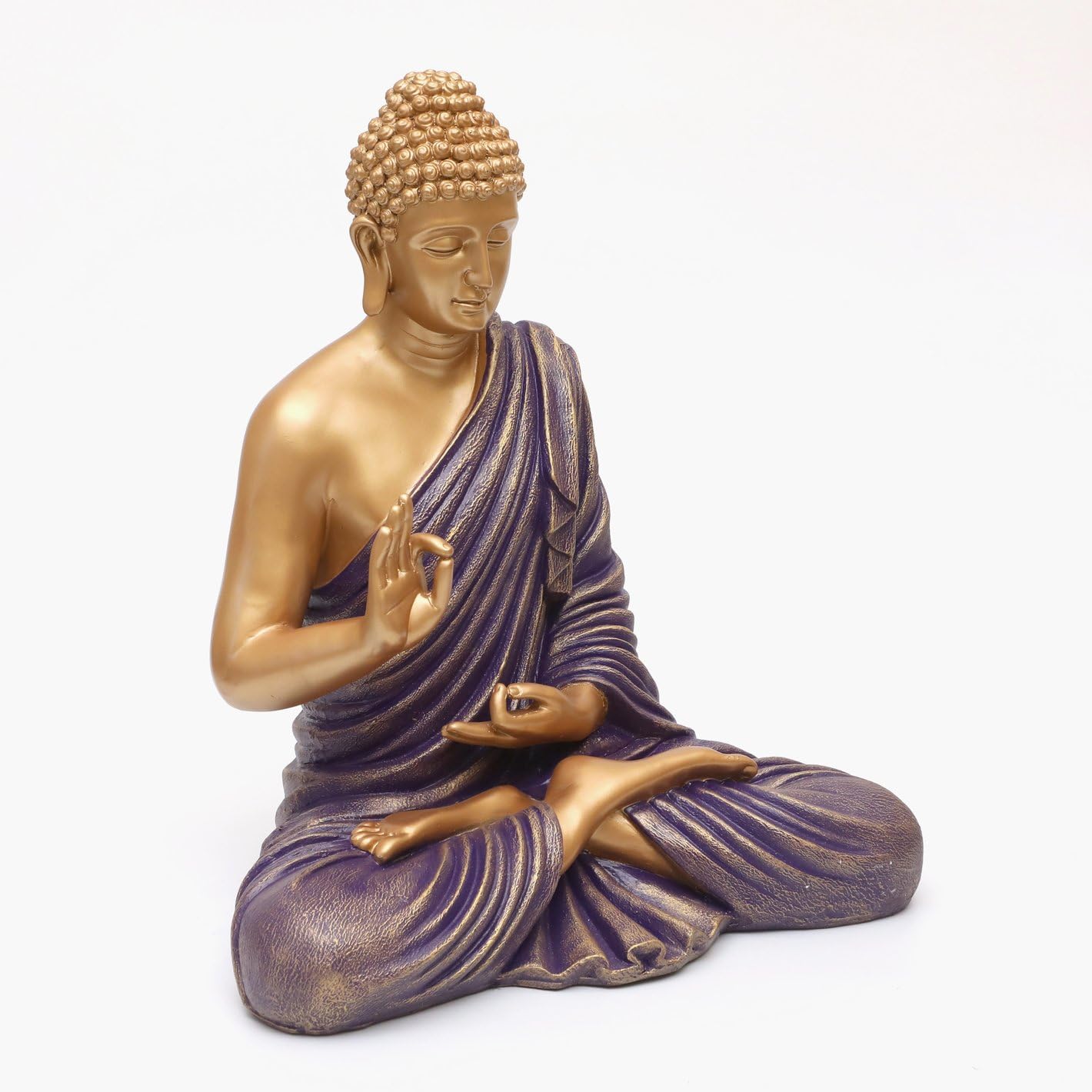 Modern Regal Golden Buddha Figurine Purple Robe Resin Crafted Decor Luxurious Accent 3 Regal Golden Buddha Idol Purple Robe Resin Decor - Karigaari India Aesthetic Home Decor