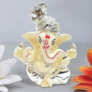 Ceramic Gold Plated Ganesha wearing Pagdi for Car - Karigaari India Aesthetic Home Decor