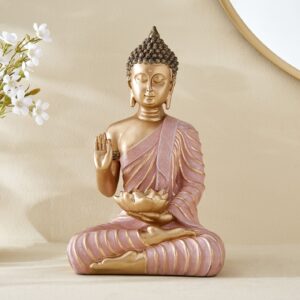 Rose Gold Buddha Statue Blessing Mudra | Pink Buddha Figurine | Zen Buddhist Home Decor | Meditation Room Sculpture | Resin Sitting Buddha | Spiritual Feng Shui Gift | Mindfulness Ornament - Karigaari India Aesthetic Home Decor