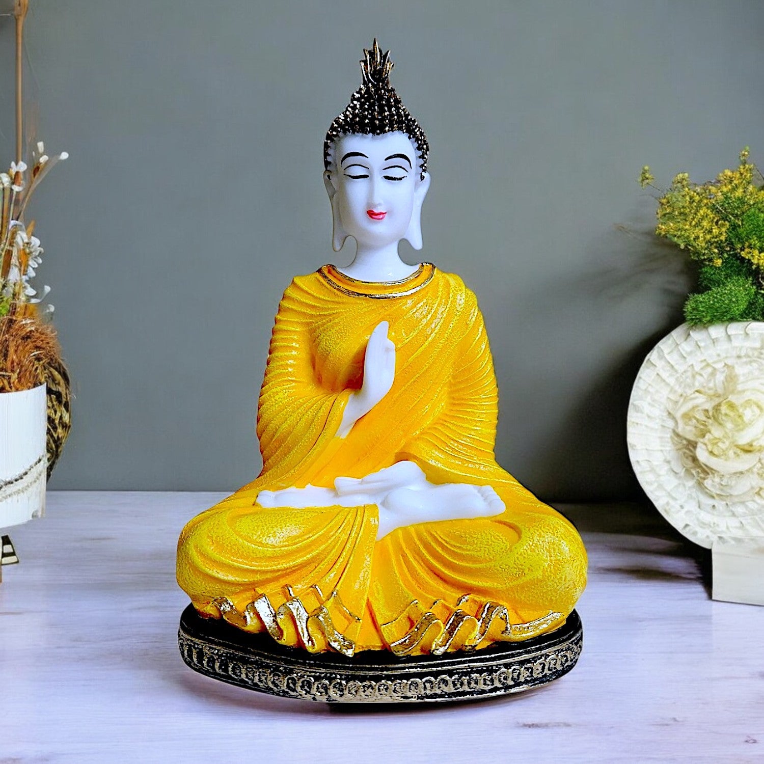 Modern Serenity In Style Radiant Yellow Resin Crafted Buddha Figurine For Serene Vibes Home Meditation Home Decor Figurine Unique Decor Piece 1 Serenity in Style Radiant Yellow Resin Buddha Idol for Peaceful Vibes | Home & Meditation Decor Statue - Karigaari India Aesthetic Home Decor