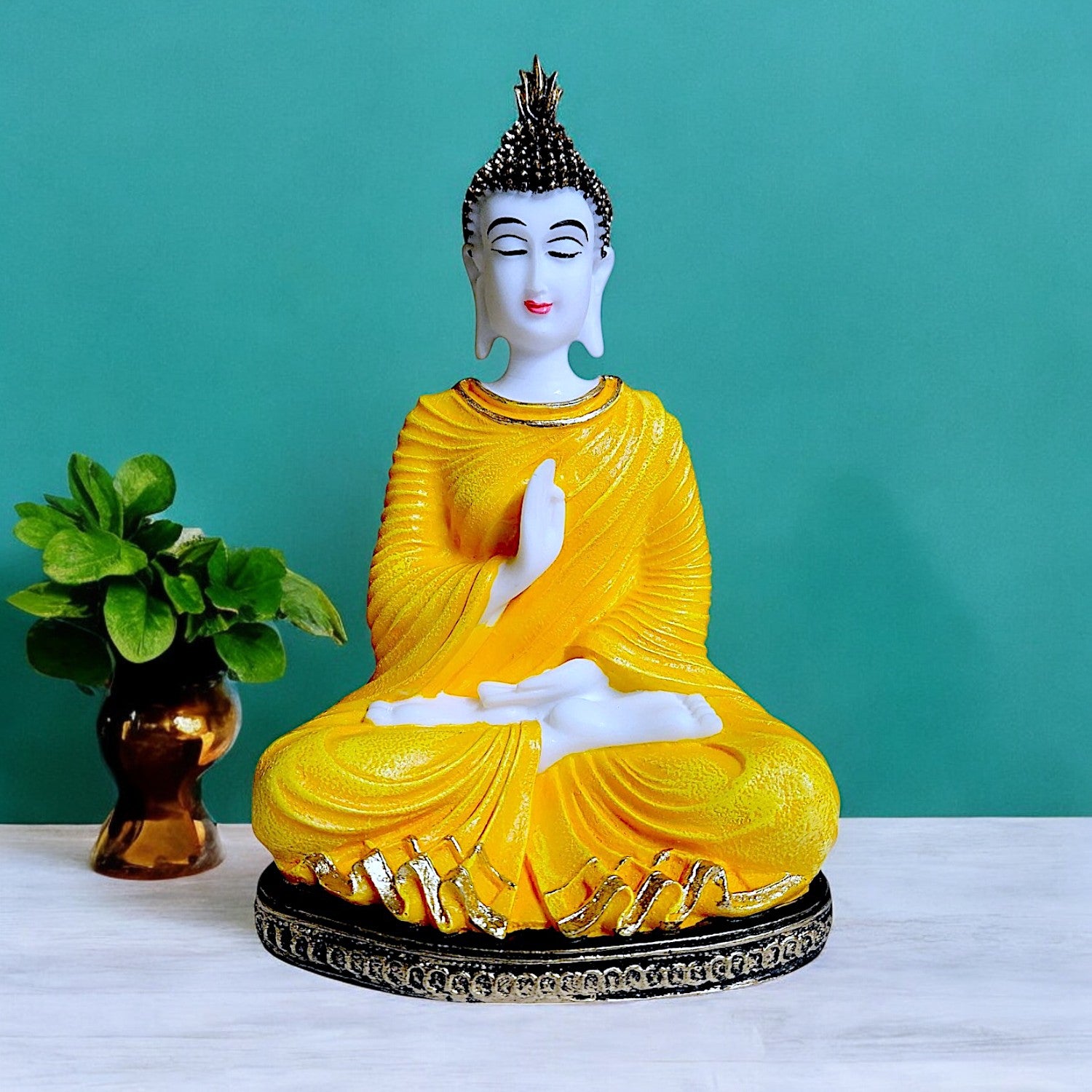 Modern Serenity In Style Radiant Yellow Resin Crafted Buddha Figurine For Serene Vibes Home Meditation Home Decor Figurine Unique Decor Piece 2 Serenity in Style Radiant Yellow Resin Buddha Idol for Peaceful Vibes | Home & Meditation Decor Statue - Karigaari India Aesthetic Home Decor
