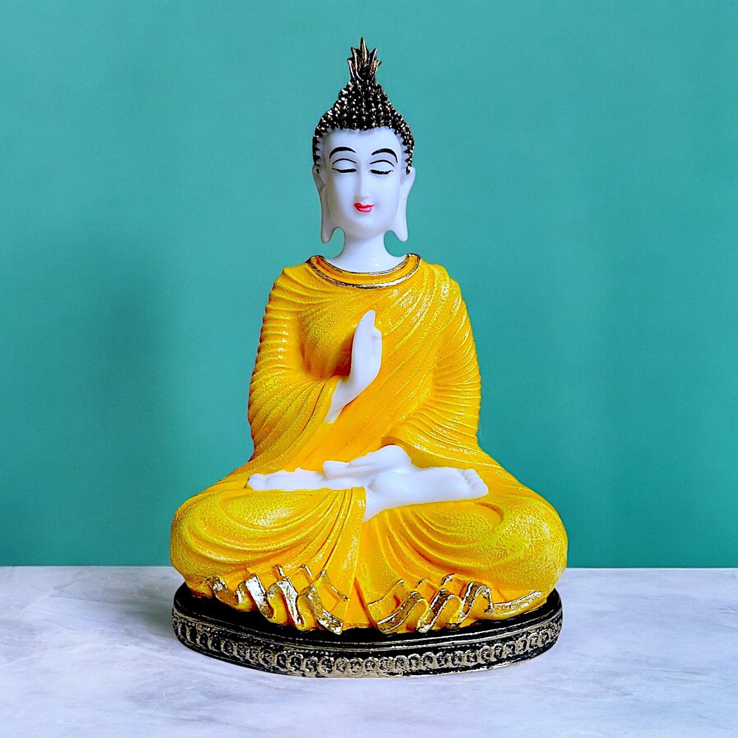 Modern Serenity In Style Radiant Yellow Resin Crafted Buddha Figurine For Serene Vibes Home Meditation Home Decor Figurine Unique Decor Piece 3 Serenity in Style Radiant Yellow Resin Buddha Idol for Peaceful Vibes | Home & Meditation Decor Statue - Karigaari India Aesthetic Home Decor