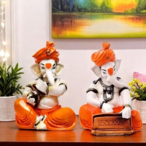 Small Unique Two Lord Ganesha Playing Instruments Idol Orange Best for Home Decor - Karigaari India Aesthetic Home Decor