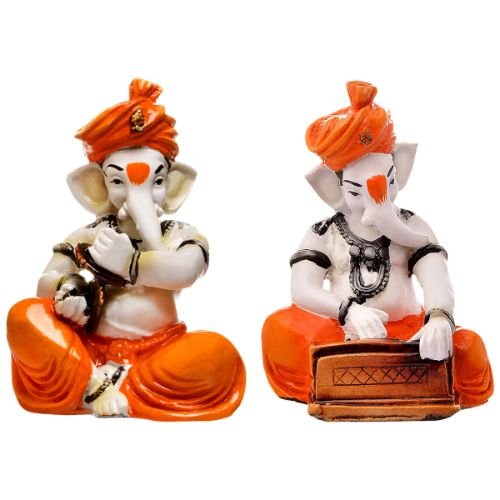 Modern Small Distinctive Two Lord Ganesha Playing Instruments Figure Orange Best For Home Home Decor Decorative Piece 3 Small Unique Two Lord Ganesha Playing Instruments Idol Orange Best for Home Decor - Karigaari India Aesthetic Home Decor