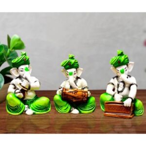 Three Little Lord Ganesha Playing Instruments Idol Green Color Best for Home Decor - Karigaari India Aesthetic Home Decor
