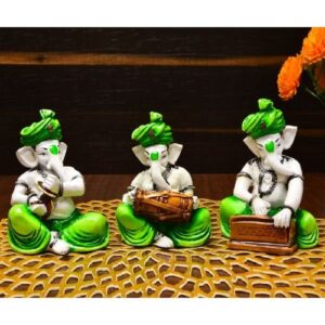 Three Little Lord Ganesha Playing Instruments Idol Green Color Best for Home Decor - Karigaari India Aesthetic Home Decor