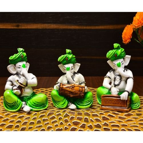 Three Little Lord Ganesha Playing Instruments Idol Green Color Best for Home Decor - Karigaari India Aesthetic Home Decor