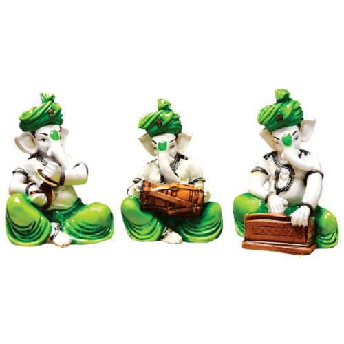 Three Little Lord Ganesha Playing Instruments Idol Green Color Best for Home Decor - Karigaari India Aesthetic Home Decor