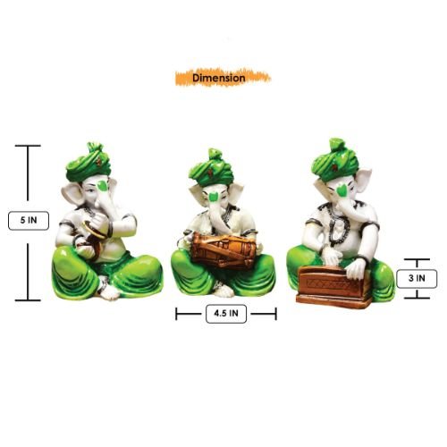 Three Little Lord Ganesha Playing Instruments Idol Green Color Best for Home Decor - Karigaari India Aesthetic Home Decor