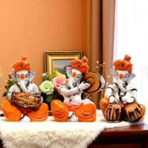 Three Small Lord Ganesha Idol Playing Instruments Orange Color Best & Unique Design for Home Decor - Karigaari India Aesthetic Home Decor